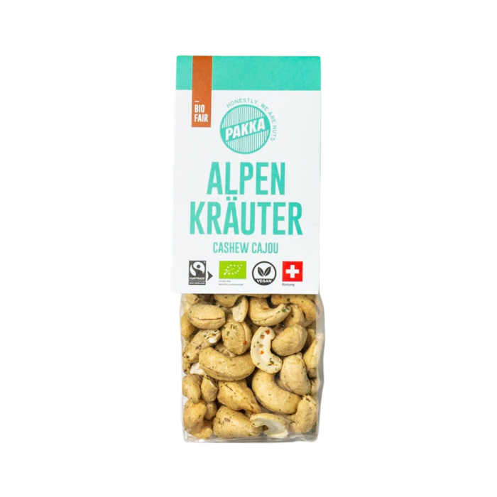Pakka Bio Fairtraide Alpenkräuter Cashews vor weissem Hintergrund.
