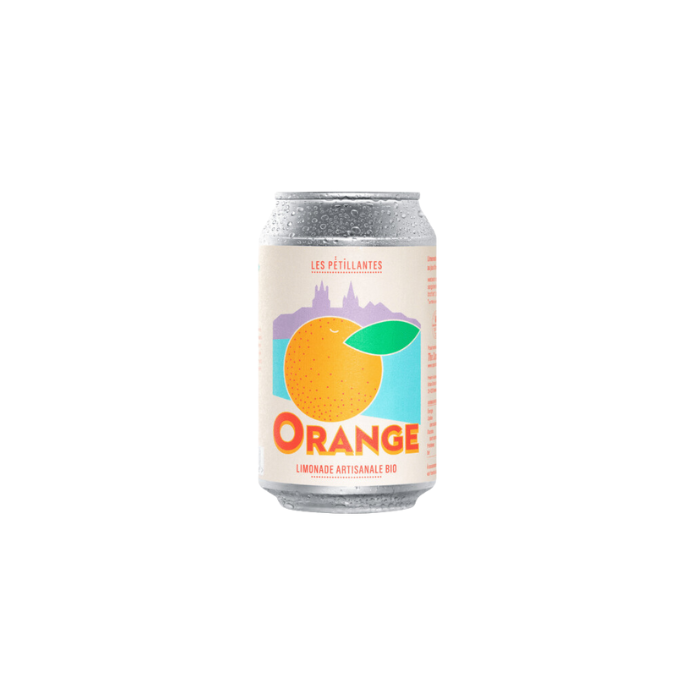 Les Pétillantes Orangen Bio-Limonade in der Dose vor weissem Hintergrund