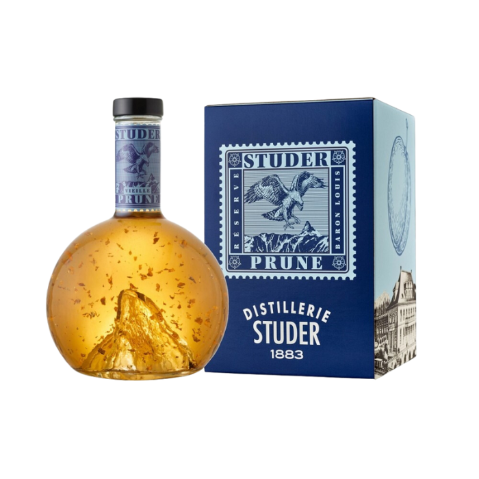 Swiss Vieille Prune mit 24 Karat Gold Flitter mit Verpackung vor weissem Hintergrund