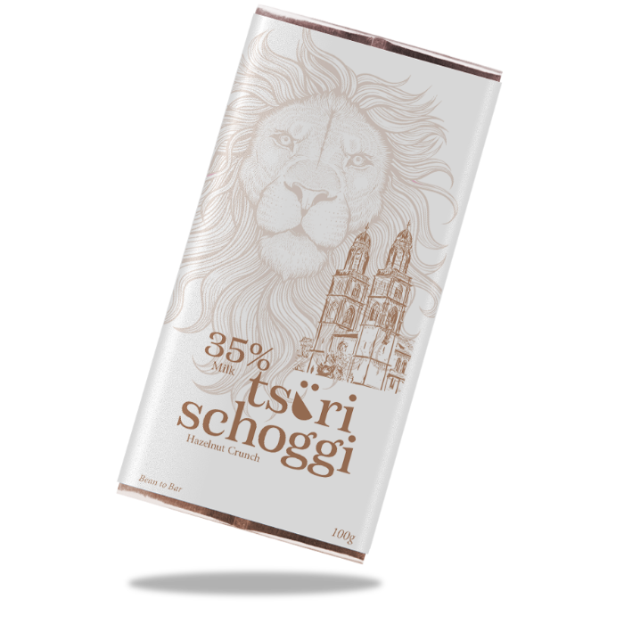 Tsüri Schoggi Milch Haselnuss Crunch vor weissem Hintergrund