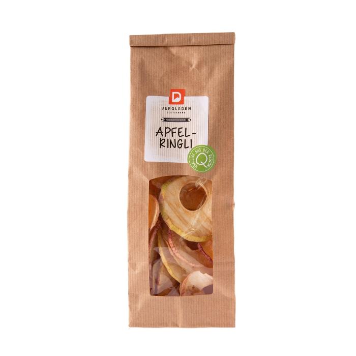 Verpackte Apfelringli vom Dietisberg Bergladen vor weissem Hintergrund.