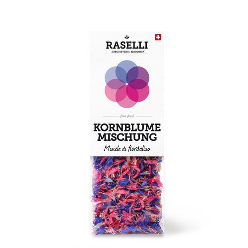 Essbare Blüten Kornblumenmischung von Bio Raselli vor weissem Hintergrund.