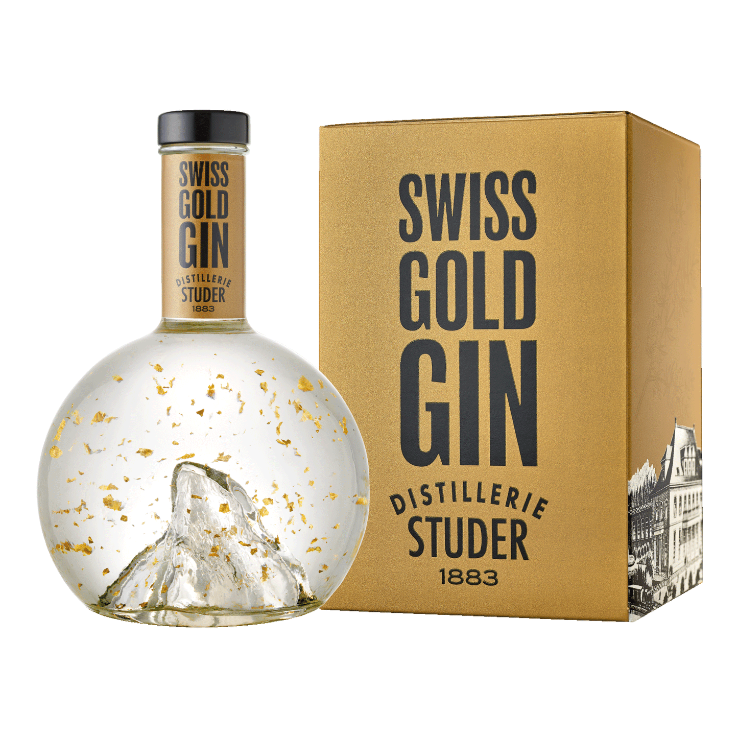 Swiss Gold Gin mit 24 Karat Gold Flitter und Verpackung vor weissem Hintergrund.