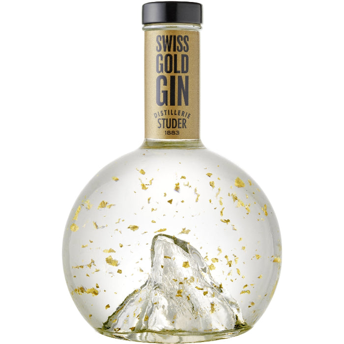 Swiss Gold Gin mit 24 Karat Gold Flitter vor weissem Hintergrund