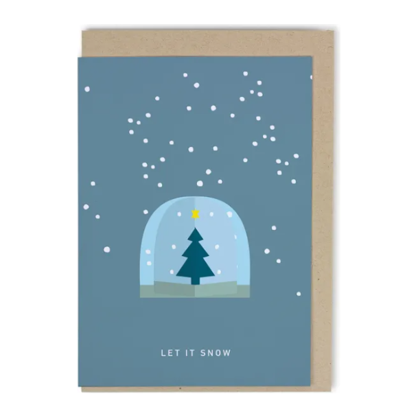 Karte Let it snow Schneekugel vor weissem Hintergrund