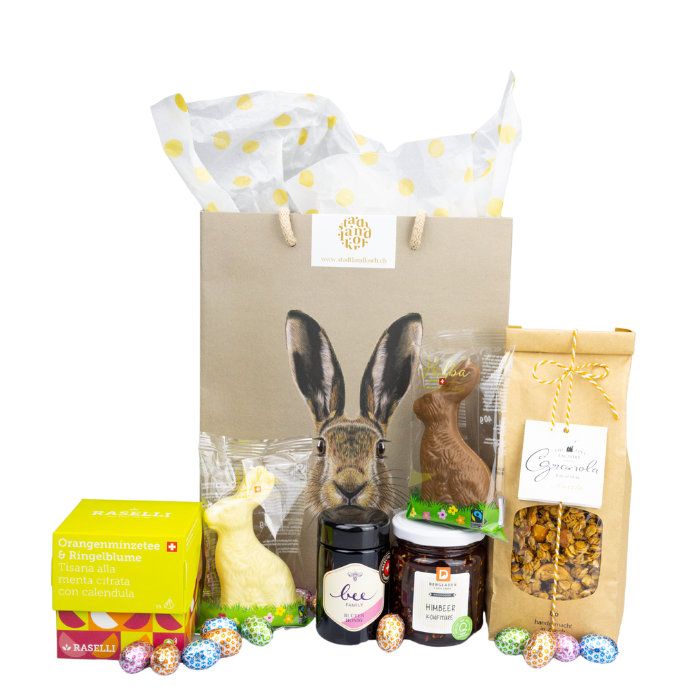 Hoppel-Frühstück Geschenktasche vor weissem Hintergrund