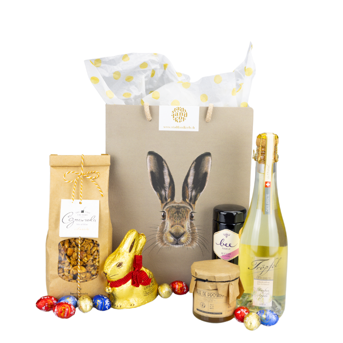Osterfrühstück Geschenktasche vor weissem Hintergrund