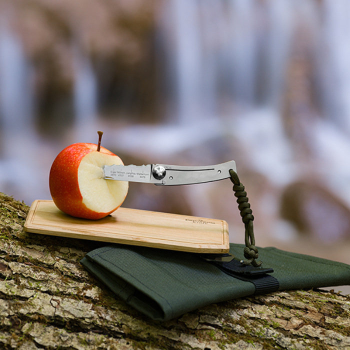 Panoramaknife Picknick-Set mit Klappmesser KISS mit Apfel auf einem Baumstamm
