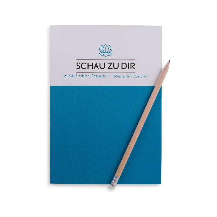 Schau zu dir Journal mit Bleistift  vor weissem Hintergrund