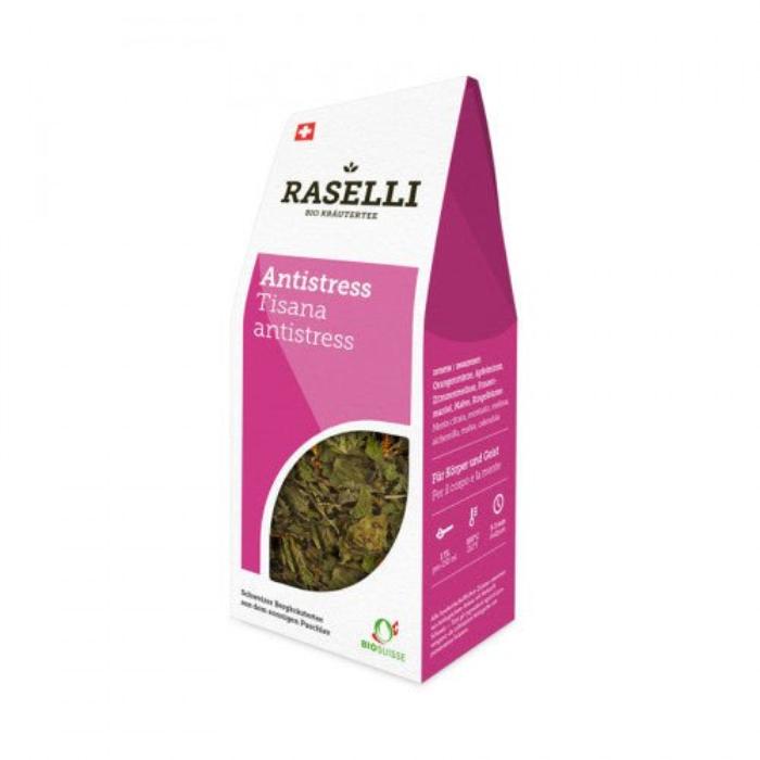Antistress-Tee lose Verpackung von Bio Raselli vor weissem Hintergrund.