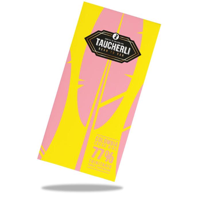 Dunkle Schokolade Colombia Nibs 77% von Taucherli vor weissem Hintergrund
